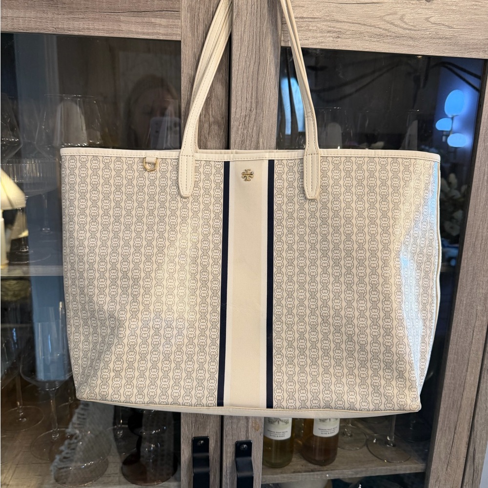 Tory Burch Gemini Link Coated Canvas Leather Tote Bag White